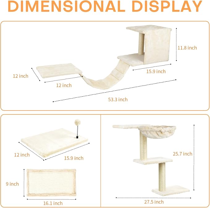 Cat Wall Shelves, Multi-Level Cat Climbing Furniture, Space-Saving Wall-Mounted Cat Climber Set with Perches,Bridge,Hammock,Scratching Board & Ball for Indoor Cat Play (Beige)