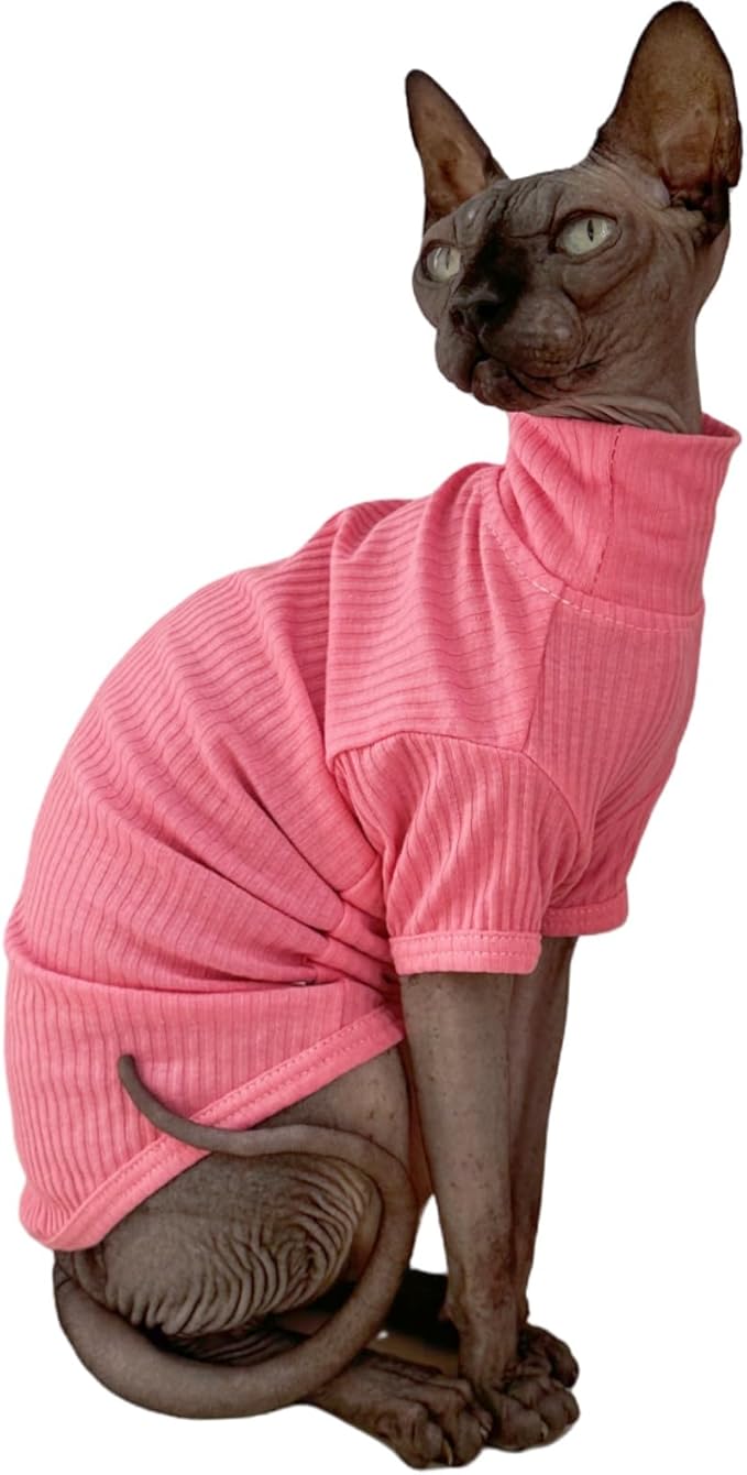 Sphynx Hairless Cats Shirt Cotton Cat Turtleneck Sweater Pullover Kitten T-Shirts with Sleeves Cat Pajamas Jumpsuit for Sphynx Cornish Rex, Devon Rex, Peterbald (Large (Pack of 1), Rosey Pink)
