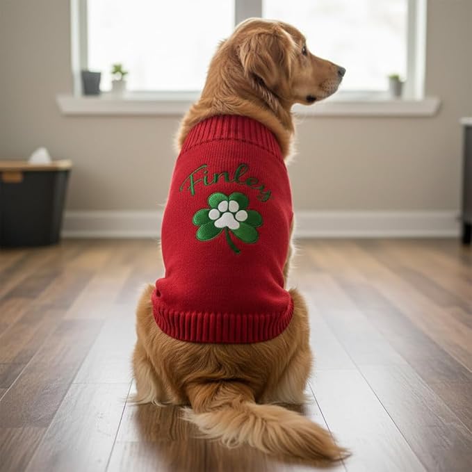 Personalized Dog Sweater, Custom Knit Sweater with Clover Embroidery, St. Patrick's Day Design for Dogs, Ideal Gift for Dog Owners, Pet Apparel Gift#5