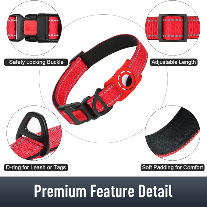 Airtag Dog Collar with AirTag Holder for Puppy Small Dogs, Reflective, Soft Padded & Safety Locking Buckle, Nylon Pet Collars Adjustable for All Breeds, Red,XS