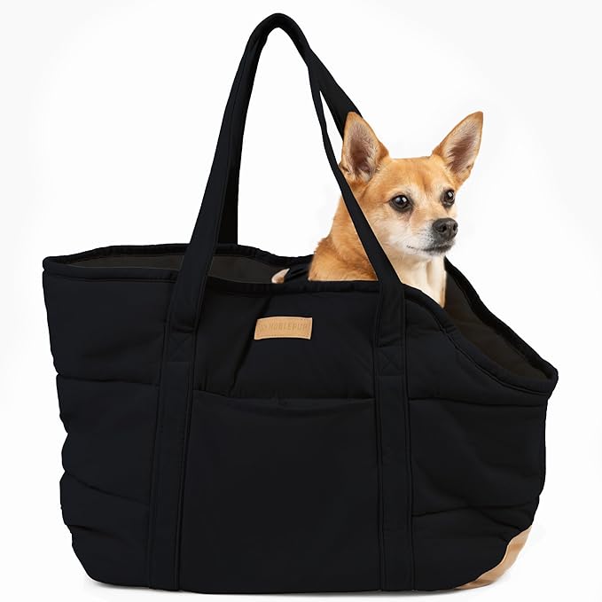 NoblePup Plush Dog Purse Carrier for Small Dogs, Soft Tote Bag with Safety Harness Clip, Cozy Pet Carrier for Dogs Under 15 lbs, Comfortable Shoulder Carrier for Travel, Black 2.0