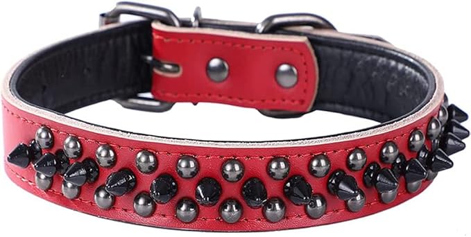Spiked Studded Dog Collar, Genuine Leather Dog Collar, Adjustable Pet Collars for Medium Large Bulldog Pitbull Mastiff Poodle Boxer (M:29-38cm, Red-1)