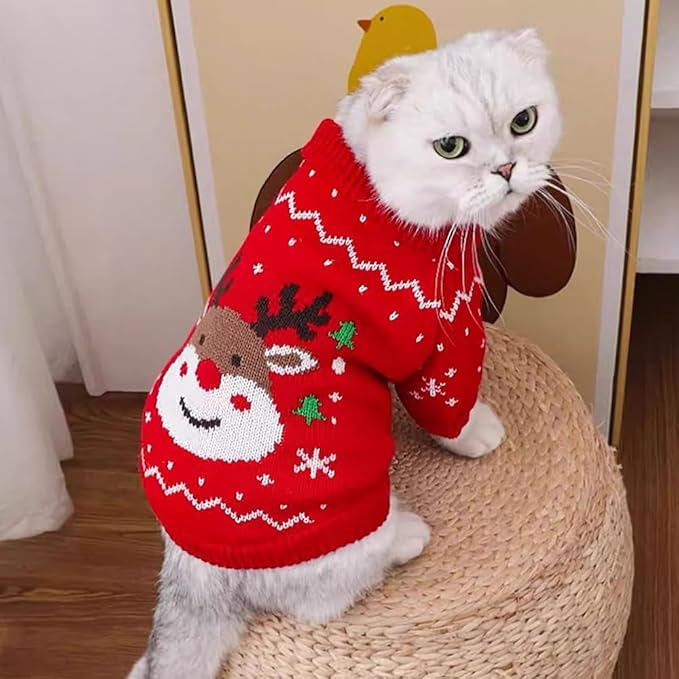 Christmas Dog Outfit Red Puppy Sweater for Small Dogs Girl Boy Elk Snowflake Cat Knitwear Reindeer Knitted Pet Clothes Santa Deer Costume for Chihuahua Yorkie Poodle (Red-2, X-Large)