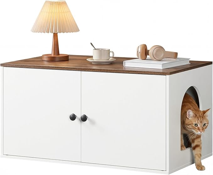 HOOBRO Cat Litter Box Enclosure, Hidden Litter Box Furniture with Side Entry, Litter Box Cabinet, Indoor Cat House, End Side Table, 31.5" L x 17.7" W x 16.3H, for Bathroom, White and Walnut WH40MW01
