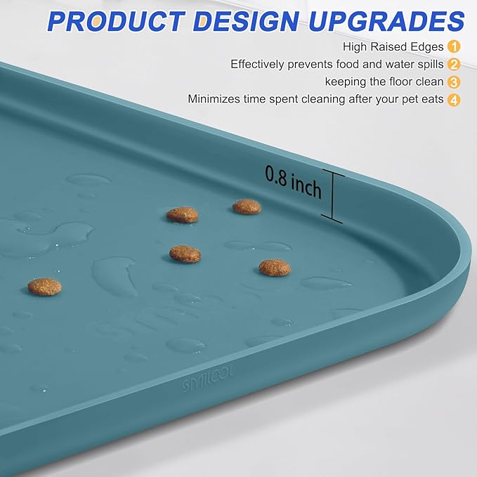 Silicone Pet Feeding Mat with Raised Edge for Food and Water, Dog Bowl Mats, Cat Bowls Placemat with High Lip for Floor Waterproof, Rubber Tray for Cats and Dogs 24 x 16 x0.8 Slate Blue