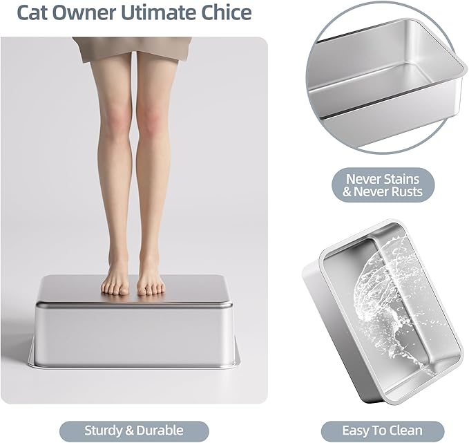 Stainless Steel Cat Litter Box with Lid,XL,19.7”L x 13.8”W x 11.8”H Deep,Metal Litter Box with High Side,for Small and Large Cats,with a Scoop and Scoop Storage Box Litter Mat Double,Easy Cleaning