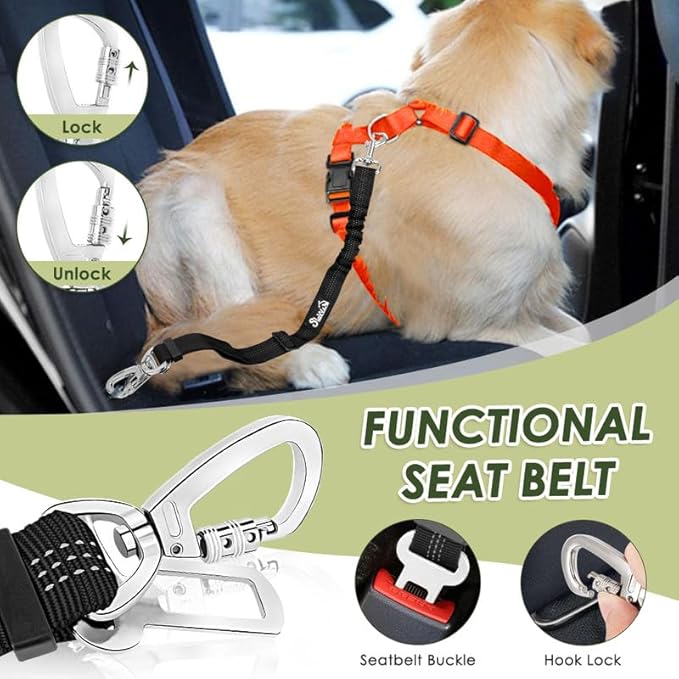 SlowTon Dog Seat Belt Harness for Car, Dog Car Harness Adjustable Mesh Breathable & Dog Seatbelt Safety Tether with Elastic Bungee for Small Medium Large Pets(Orange, Double Clip, M)