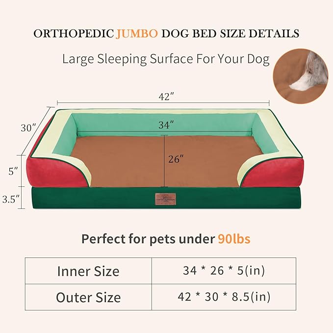 Comfort Expression Orthopedic Dog Bed for Extra Large Dogs 42x30 Inch, Waterproof Egg Crate Foam XL Pet Bed with Removable Bolsters, Dog Couch with Washable Cover & Non-Slip Bottom, Watermelon Mist