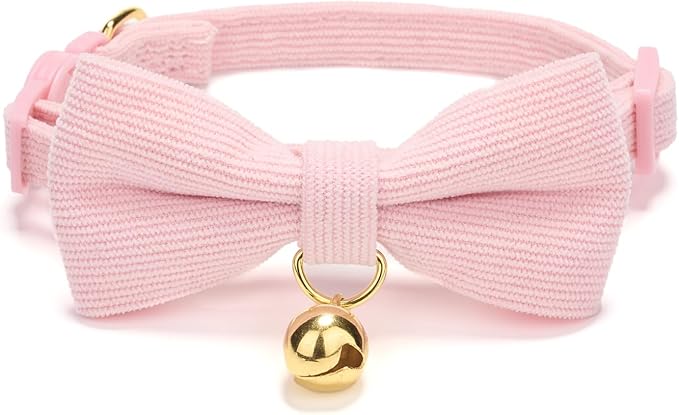 2 Pack Soft Corduroy Cat Collars with Bow Tie & Bell Adjustable Breakaway Bowtie Kitten Collar for Girl Boy Kittens(Blue & Pink)
