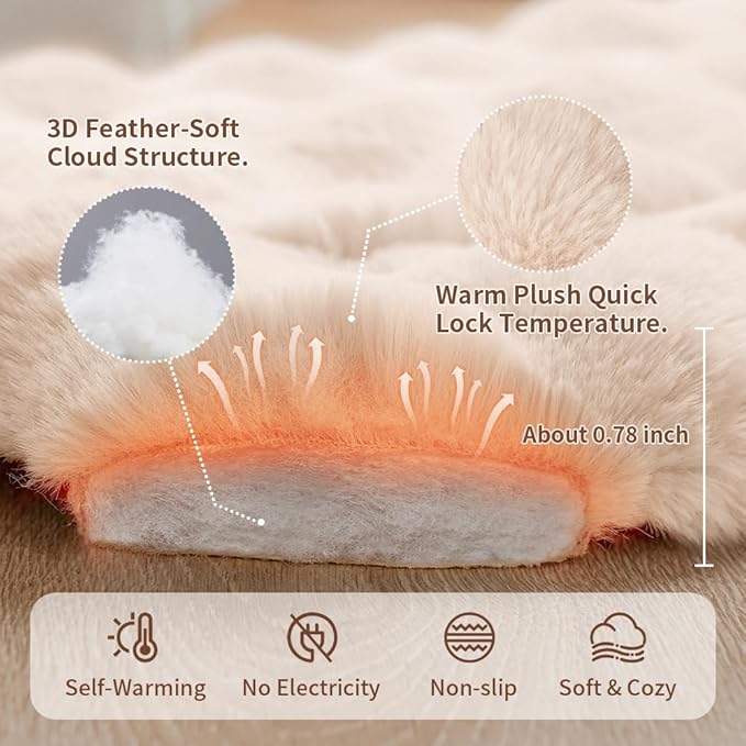Self-Warming Cat Bed, Plush Faux Fur Pet Bed Mat with Anti-Slip Bottom, Ultra Soft Heated Pad for Cats & Kittens, Cozy Fluffy Bed for Window & Sills Couches, Machine Washable, 23x15 Inch White