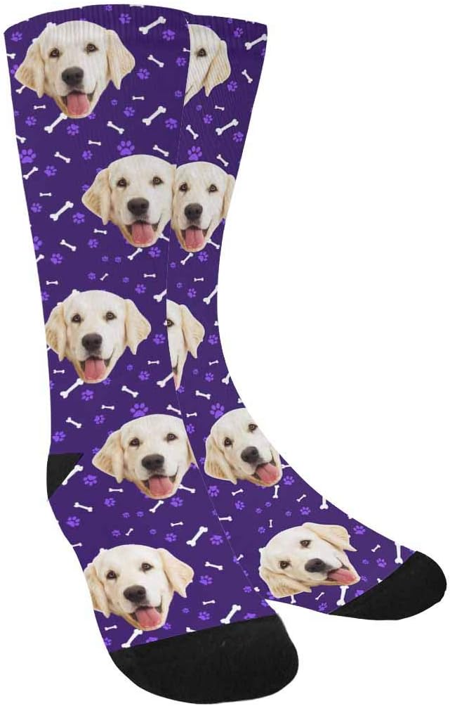 MyPupSocks Custom Personalized Photo Pet Face Socks, Cat and Dog Tracks Paws Bones Crew Socks with Picture for Men Women