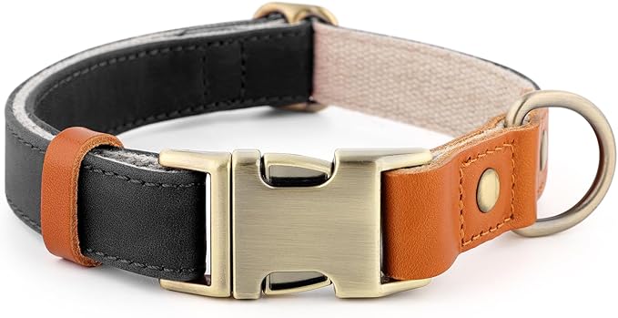 Plutus Pet Genuine Leather & Hemp Dog Collar – Adjustable Heavy Duty Pet Collar with Quick Release Metal Buckle, Soft & Stylish for Puppy and Small, Medium, Large Dogs (Black, L)