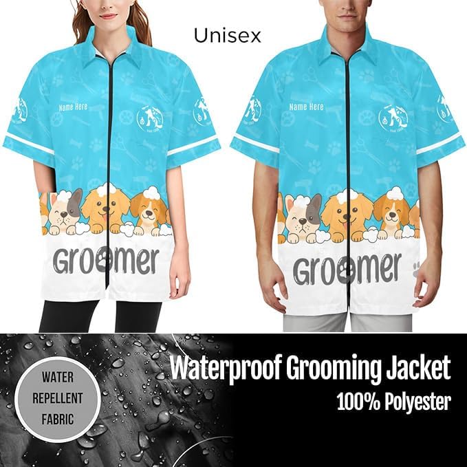 Custom Pet Grooming Jackets with Logo Text, Personalized Dog Salons Groomer Smocks, Unisex Waterproof Workwear