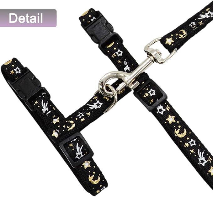 Cat Harness and Leash Set for Outdoor Walking Escape Proof Adjustable Soft Safety Strap with Golden Star and Moon Design Glow in The Dark Black Large