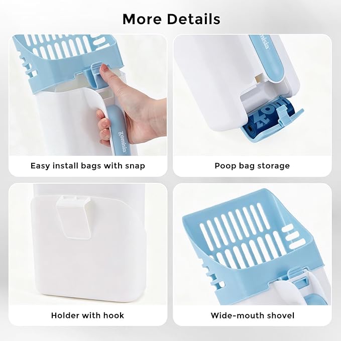 Cat Litter Scoop with Holder & Trash Can, 3-in-1 Mess-Free Poop Scooper Includes 90 Bags, Litter Box Scoop Shovel for Sifter Box Waste Disposal, Blue White