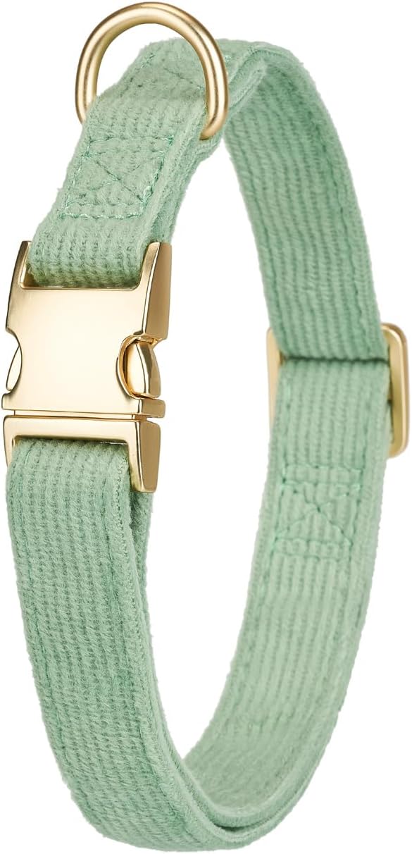 Soft Cotton Dog Collar with Metal Buckle Adjustable Heavy Duty Comfy Corduroy Collars for Small Medium Large Dogs,Grass Green,Medium