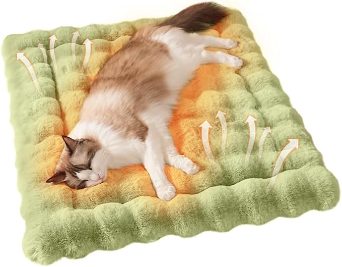 Self-Warming Cat Bed, Plush Faux Fur Pet Bed Mat with Anti-Slip Bottom, Ultra Soft Heated Bed for Cats & Medium Dogs, Cozy Fluffy Pad for Couch & Crate, Machine Washable, 27x20 Inch Green