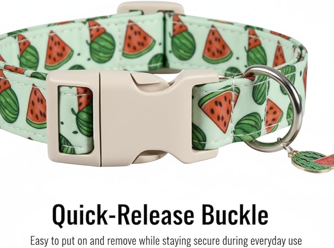 Summer Dog Collar for Medium Dogs, Cute Dog Collar with Watermelon Pattern and Pendant, Green Pet Collar with Soft Cotton Fabric and Robust Buckle