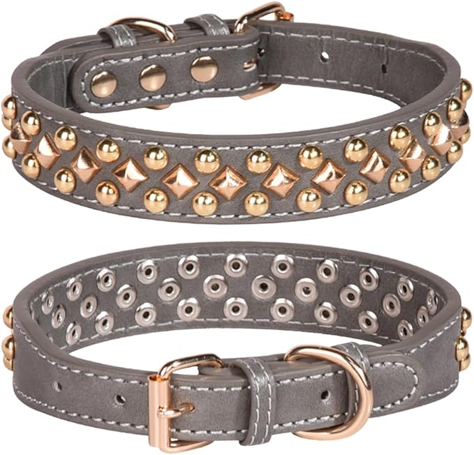 Spiked Dog Collar Soft Pu Leather Mushrooms Rivet Spike Studded Puppy Adjustable Pet Collars for Small Breeds (L, Grey3)