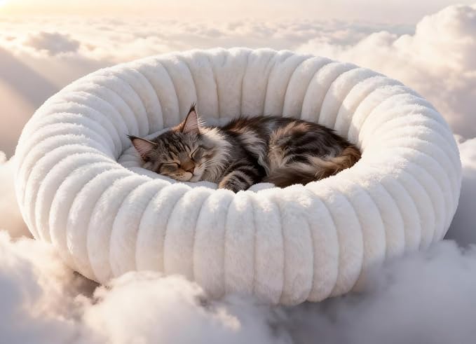 Self Warming Cat Bed, Donut Pet Bed for Indoor Cats and Small Dogs, Self-Heating Dog Bed with Non-Slip Bottom, Winter Comfort Dog Beds for Puppies, Washable & Portable Egg Tart Shape (S)