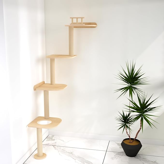 Wall-Mounted Tall Cat Tree Cat Scratching Post, Space Saving Floor to Ceiling Cat Tower, Natural Wood Wall Shelves, Corner cat Jumping Platform cat Bed,Suitable for Large Cats-63
