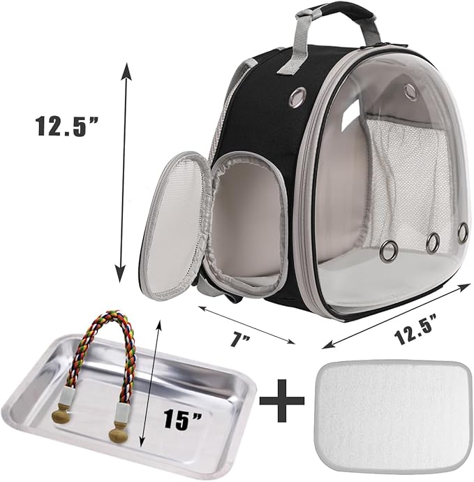 Small Bird Travel Backpack Carrier Cage, Backpack to Transport Backpack Carrier with Metal Tray Stand Perch for Parakeet Cockatiel Budgies Vet Carry Book Bag Black
