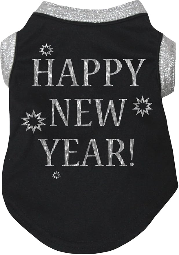 Petitebella Bling Happy New Year Puppy Dog Shirt (Black/Sliver, XXX-Large)
