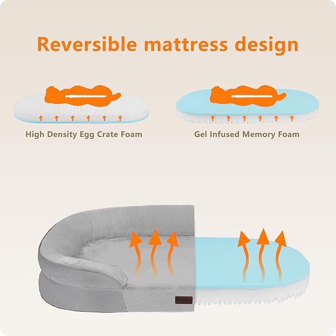 Dwanton Orthopedic Dog Bed for Large Dogs with Gel Memory Foam, Waterproof Dog Sofa, Washable Pet Bed with Four Sided Bolster Cushion, Removable Cover & Non-Slip Bottom, 42", Light Gray