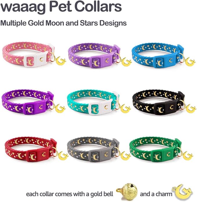 waaag Gold Moons and Stars Safety Breakaway Cat Collar, Glow in The Dark (Kitten 6.5"-10" Neck, Emerald)
