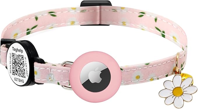 QR Code + Airtag Cat Collar, 2-in-1 Breakaway Safety Collar with Online ID & Apple AirTag Holder, Lightweight with Bell & Flower Charm for Cats, 8-13in (Pink)