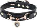 THAIN Fashion Dog Collar with Bling Diamonds & Heart Charm – 5 Holes Adjustable PU Leather Rhinestones Necklace Collar, Gold Buckle for Small Dogs Girl boy (Black, XS)