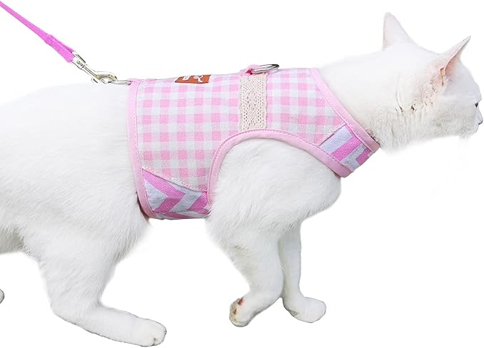 Cat Harness and Leash for Walking Escape Proof, Adjustable Cat Vest Harness, Padded Stylish Cat Walking Jackets, Pink Plaid, XX-Large