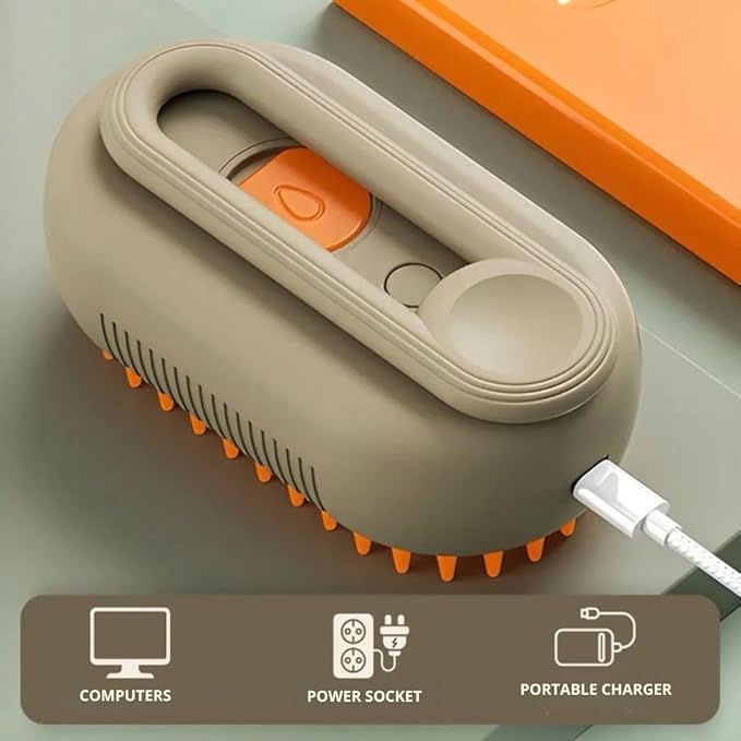 3-in-1 Steam Pet Brush for Cats & Dogs – Self-Cleaning Grooming Comb with Spray Mist, Massage & Shedding, Rechargeable USB, Anti-Static, Foldable Handle – Kakhi
