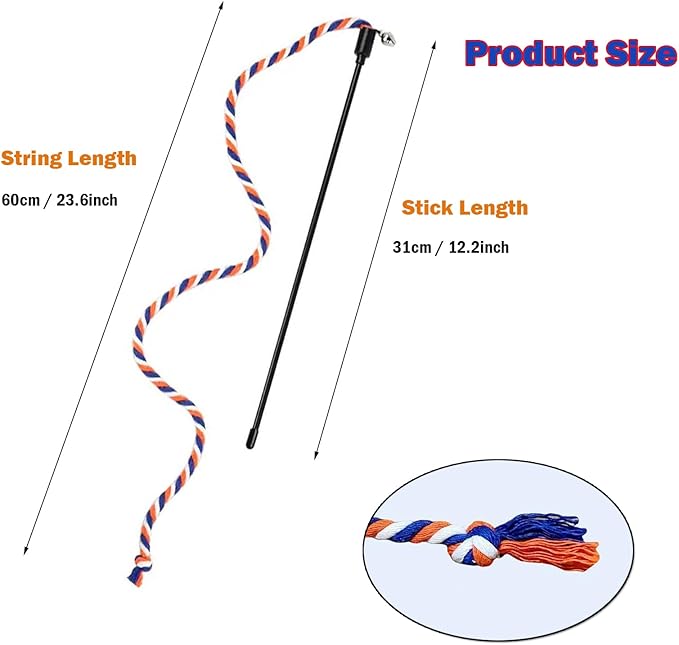 KABASI 3PCS Cat String Wand Toys, Colorful Interactive Cats Teaser Wand with Bell, Plush Srtip Teaser Toy Cat Rope Stick for Indoor Kitten Having Fun Exerciser Playing