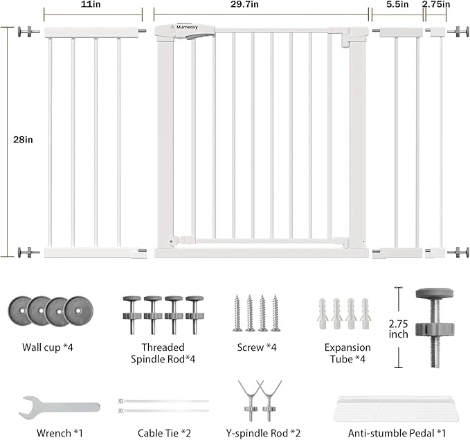 Mumeasy 29.7–51 Inch Extra Wide Baby Gate for Stairs, Extra Long Indoor Dog Gate for Doorways, Pressure Mounted Walk Thru Child Gate with Auto-Close, No-Drill Safety Pet Gate with Door for House,White