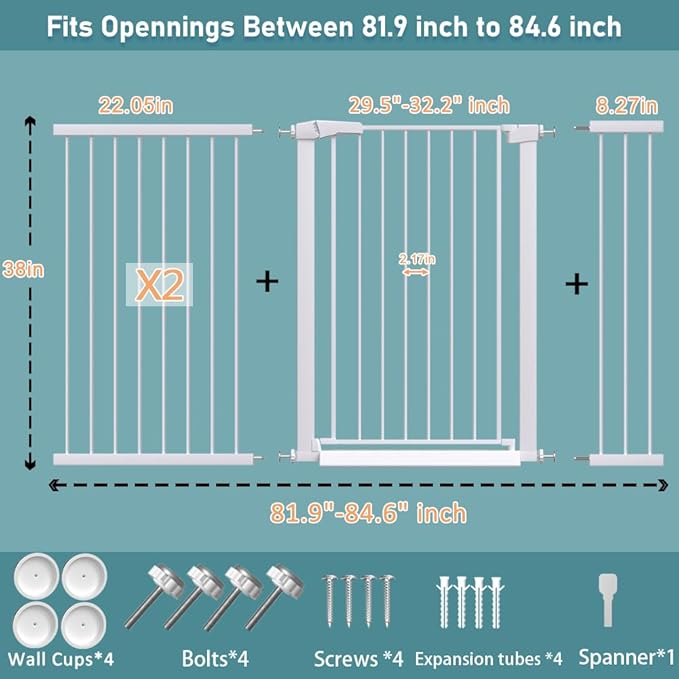 Fairy Baby 38" Extra Tall Dog Gates Indoor, 81.9"-84.6" Extra Wide Baby Gates for Large Openings, Metal Auto Close Safety Child Gate Indoor, Pressure Mounted Pet Gate No Climb Fence, White