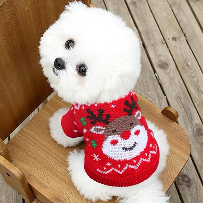 Christmas Dog Outfit Red Puppy Sweater for Small Dogs Girl Boy Elk Snowflake Cat Knitwear Reindeer Knitted Pet Clothes Santa Deer Costume for Chihuahua Yorkie Poodle (Red-2, X-Small)