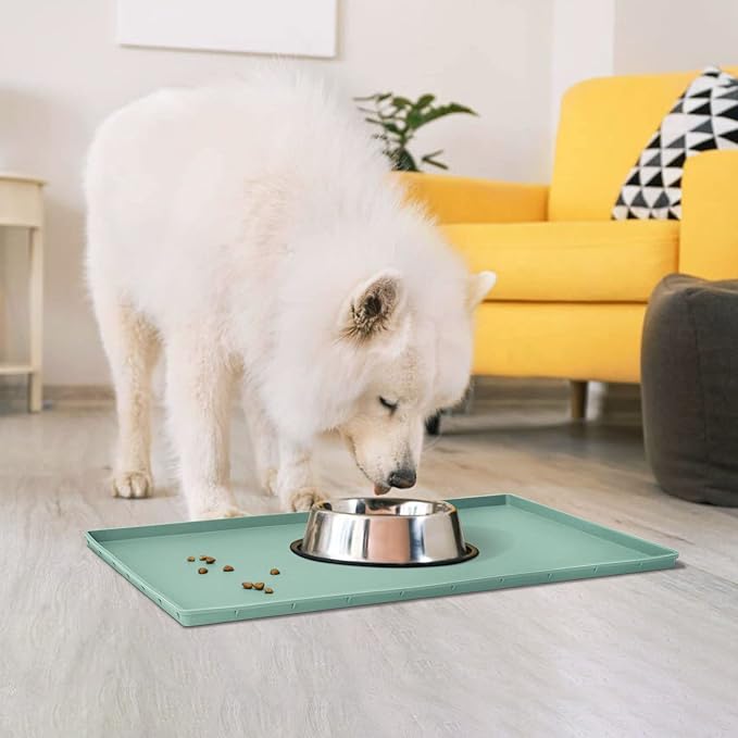 Dog Food Mat,Silicone Waterproof Food Tray,Non Slip Pet Bowl Mats Placemat,0.8" Raised Edge,Suitable for Most Small and Medium Sized Pets,28" x 18"