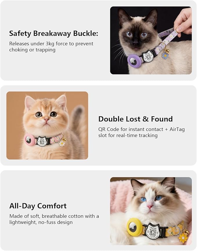 Cute Floral Breakaway Cat Collar with QR Code ID, Lightweight Cotton Safety Collar with Bell & AirTag Holder for Kittens and Cats,Pastoral Style with airtag Holder(Green)
