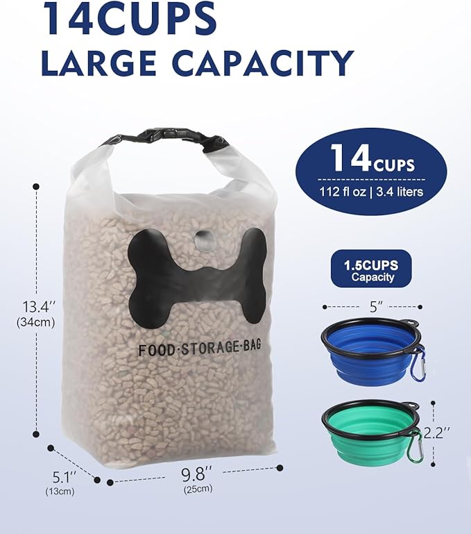 ANVS Silicone Pet Food Storage Bag,40-Cup Dog Food Travel Bag with 2PCS Collapsible Bowls, Perfect for Camping Trip, Dog Boarding, Weekend Getaways and Travel