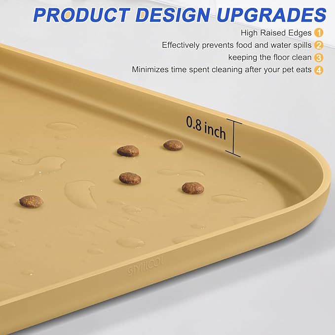 Silicone Pet Feeding Mat with Raised Edge for Food and Water, Dog Bowl Mats, Cat Bowls Placemat with High Lip for Floor Waterproof, Rubber Tray for Cats and Dogs 22 x 14 x0.8 Dark Beige