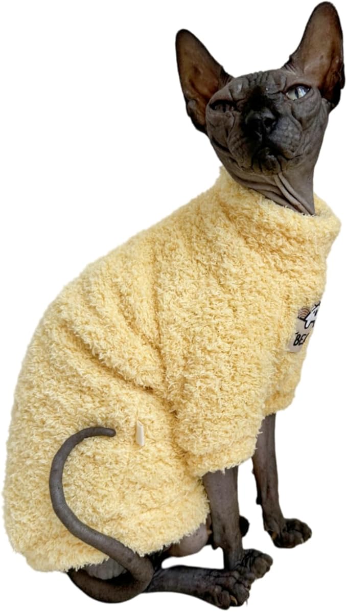 Sphynx Cat Clothes Hairless Cat Super Soft Warm Fleece T Shirt Elastic Winter Sweater Outfit, Pet Clothes for Sphynx Cat Coat for Cats and Small Dogs Apparel (Yellow, Large)