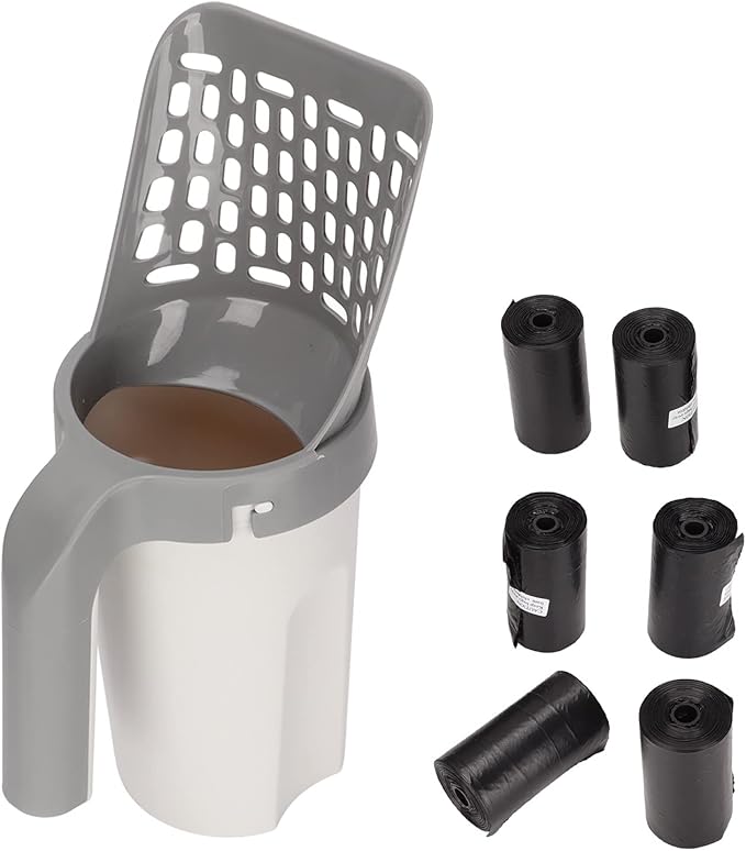 Cat Litter Scoop with Integrated Detachable Deep Shovel – Leakproof Pooper Scooper for Cat with Waste Box & 6 Rolls Odor-Control Litter Bags, Large Capacity Portable Cats Litter Disposal System