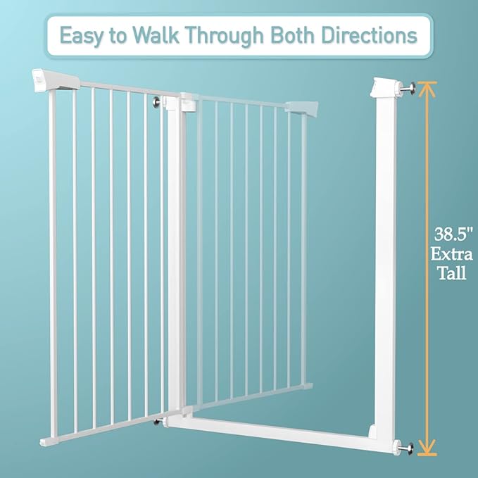 Fairy Baby 38" Extra Tall Pet Gate, 29.5"-48.8" Extra Wide Long Baby Gate, Metal Auto Close Safety Child Toddler Gate, Pressure Mounted Dog Gate No Climb Fence for Stairs Doorways Kid or Pet, White