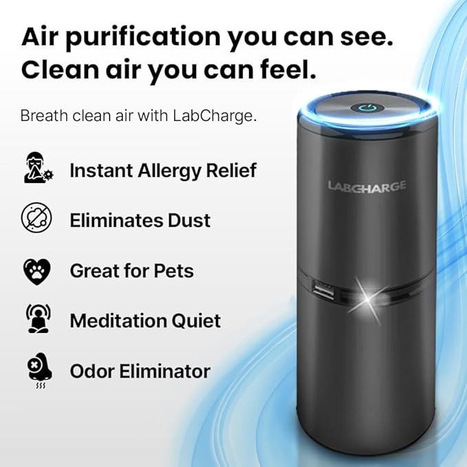 Lab Charge Small Ionic Air Purifier for Home & Bedroom – Silent HEPA Filter – Covers 250 Sq Ft - Free Cleaner for Pets, Hair, Smoke, Dust, Odors & Dander – Compact & Black Design - Pack of 3