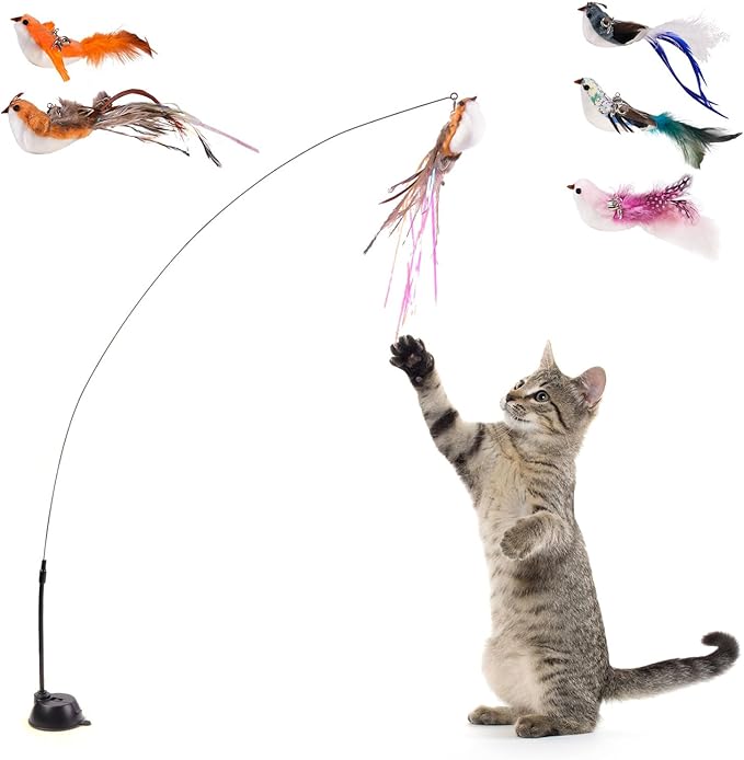 Cat Wand Toys, Interactive Bird Simulation Cat Toy for Indoor Cats,Teaser Wand Self-Holding Suction Cups Base with 5pcs Detachable Replacements Feathers Toys