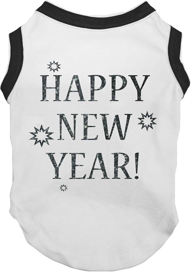 Petitebella Bling Happy New Year Puppy Dog Shirt (White/Black, X-Large)