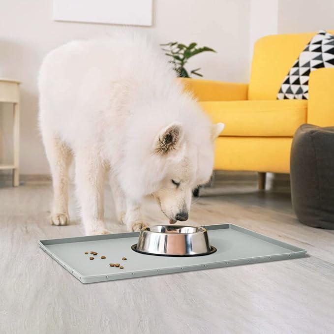Dog Food Mat,Silicone Waterproof Food Tray,Non Slip Pet Bowl Mats Placemat,0.6" Raised Edge,Suitable for Most Small and Medium Sized Pets,24" x 16"