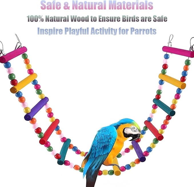 Bird Toys for Parrots Parrot Bridge, Swing Toys, and Ladders for Macaws, African Greys, Budgies, Cockatiels & Parakeets - Wooden Bird Ladder and Swing Toys for Play and Training (25Inch - 10 Ladders)