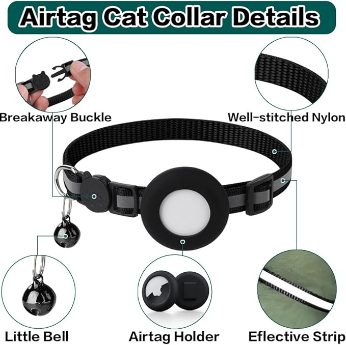 Airtag Cat Collar Breakaway, Reflective Kitten Collar with Apple Air Tag Holder and Bell for Girl Boy Cats, 0.4 Inches in Width and Lightweight(Green)